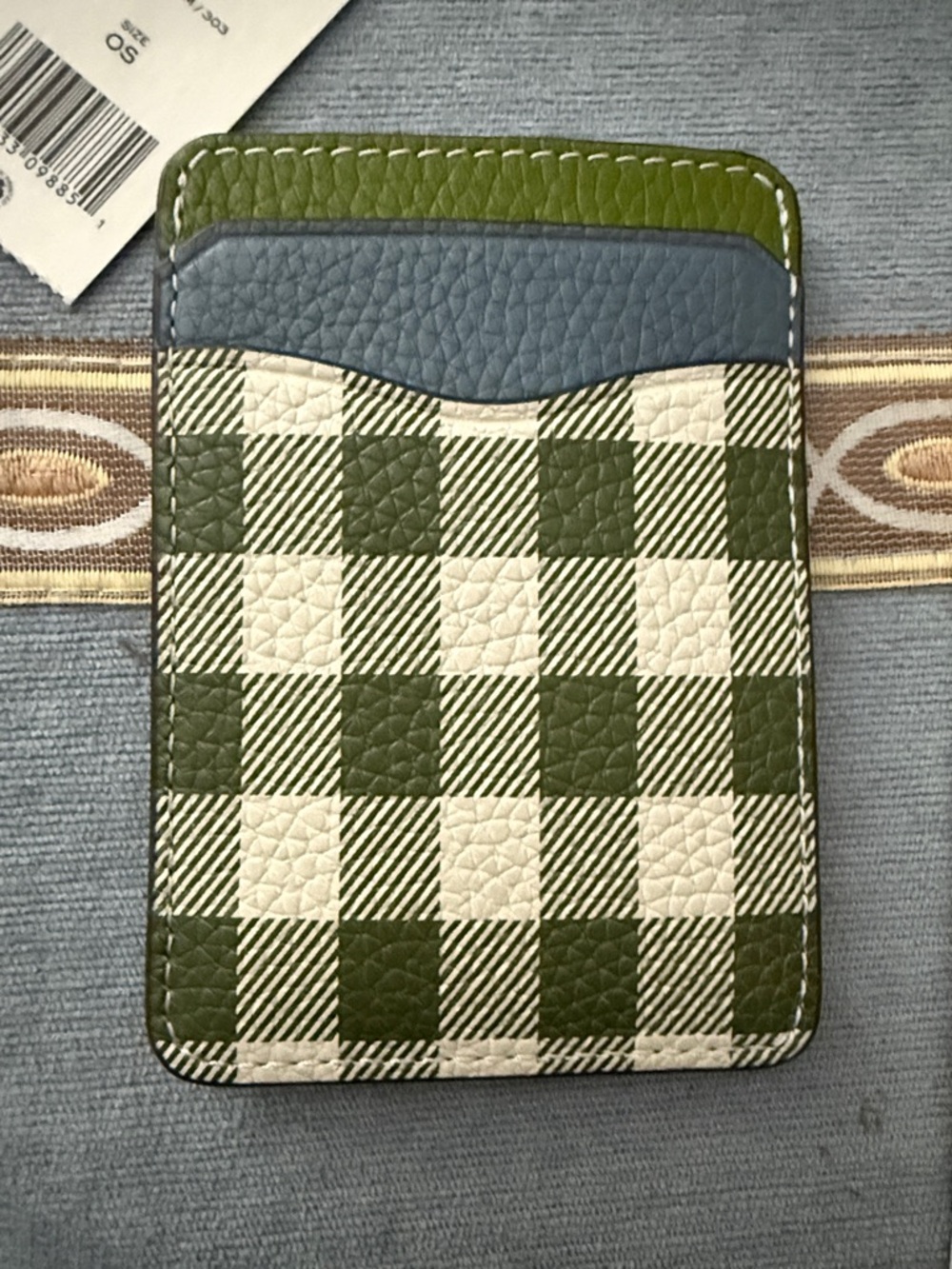 Tory Burch Olive and Cream Check Card Case with Blue Trim - Picture 3 of 3